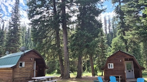 Dos cabañas de madera con antenas parabólicas, una mesa de picnic y sillas Adirondack azules en un entorno boscoso.