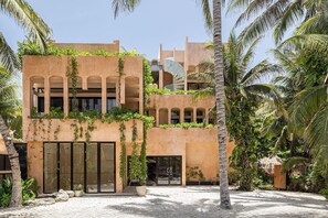 Un edificio moderno con techo plano, ventanas amplias y un patio con palmeras.