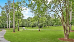 Um parque com um calçadão pavimentado, grama verde e árvores.