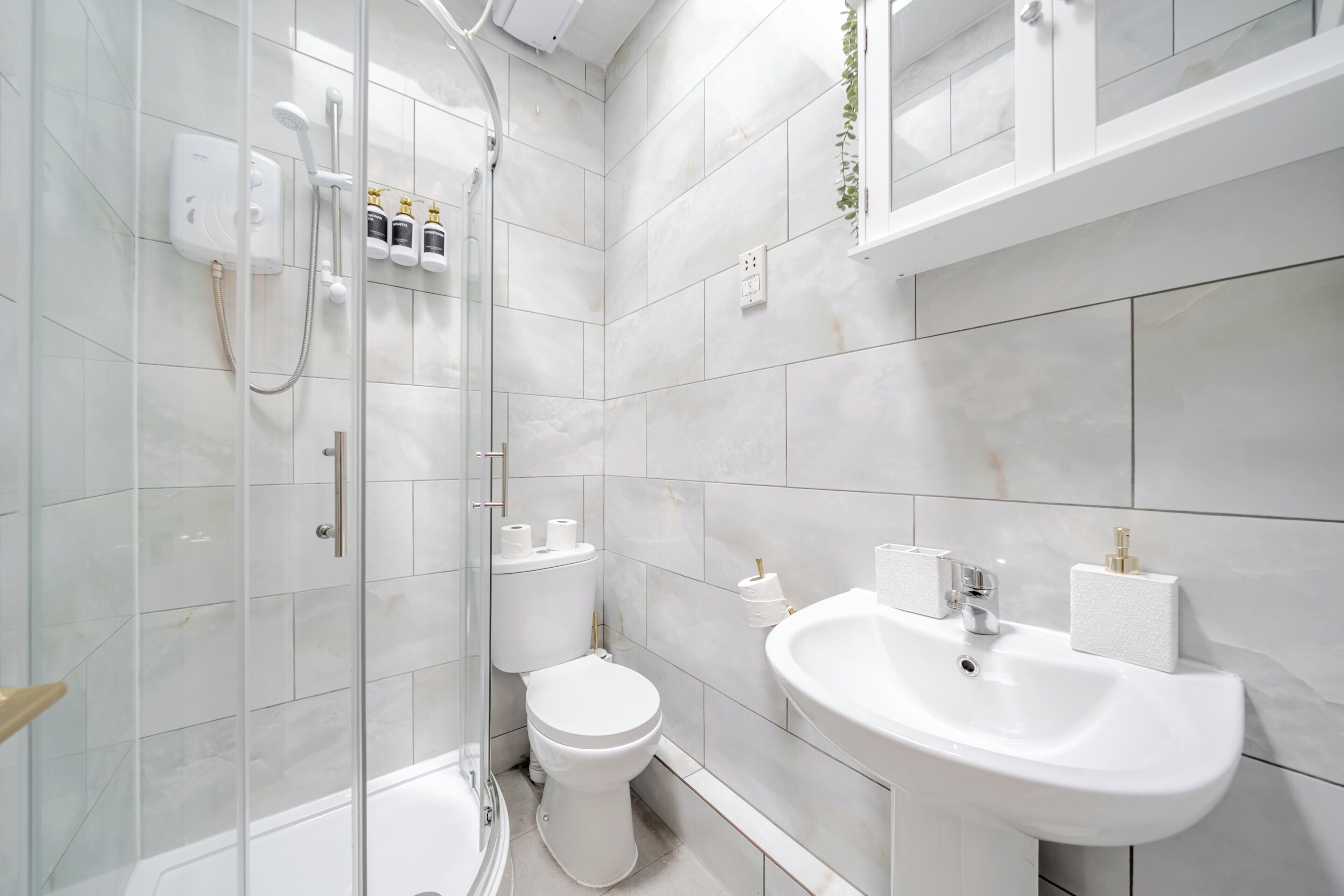 Shower, hair dryer, towels