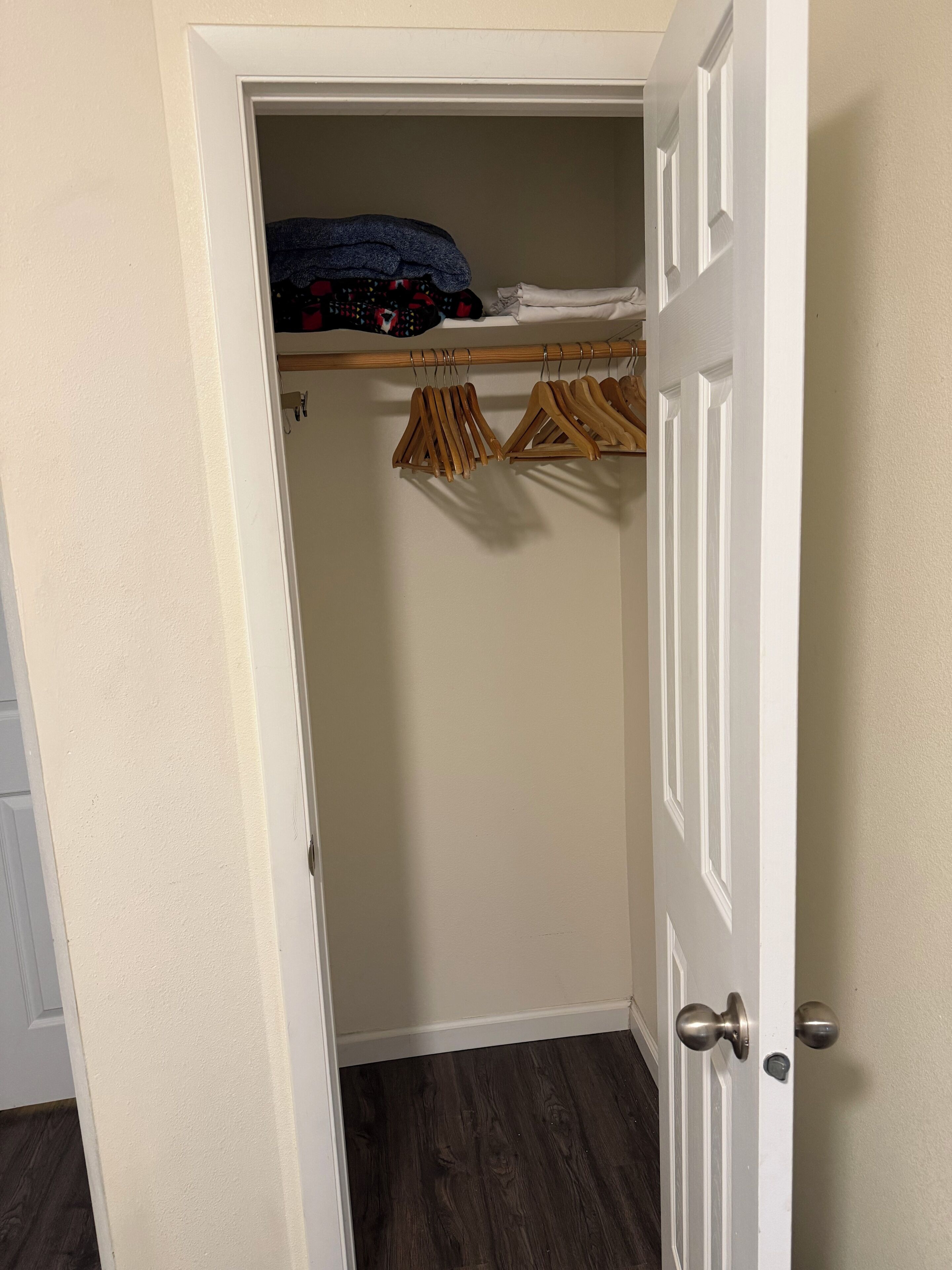 Ein Schrank mit Kleiderhaken und einem Holzboden.