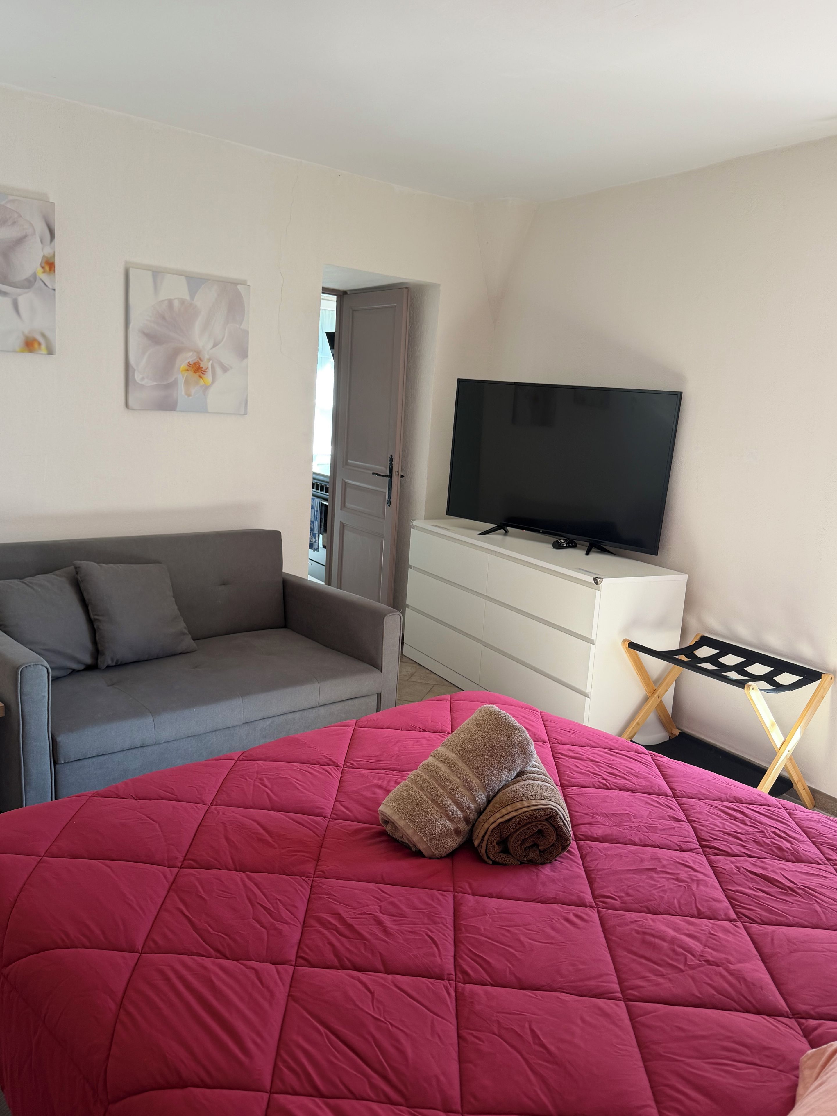 A bedroom with a bed, a grey sofa, a TV, and a small wooden drying rack.