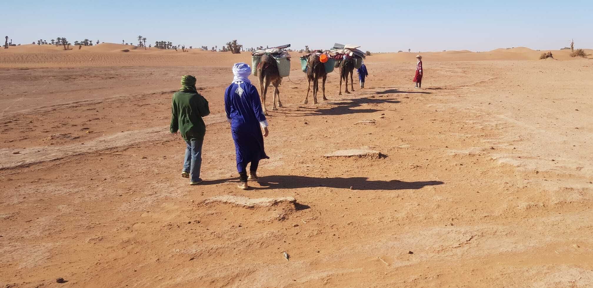 Un paysage désertique où l’on voit des personnes qui marchent et des chameaux chargés de marchandises.