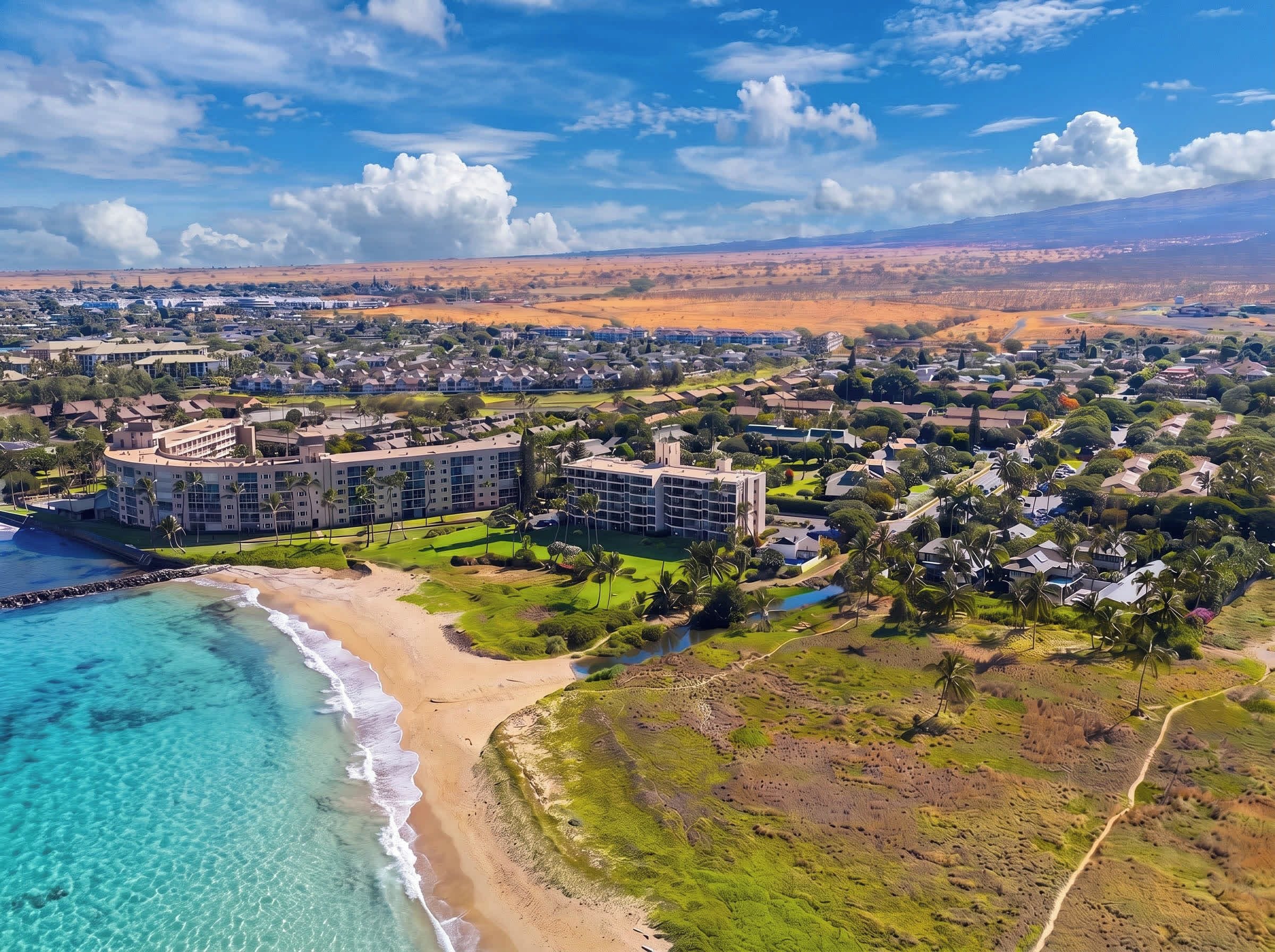 A coastal resort with beachfront properties, a marina, and a golf course.
