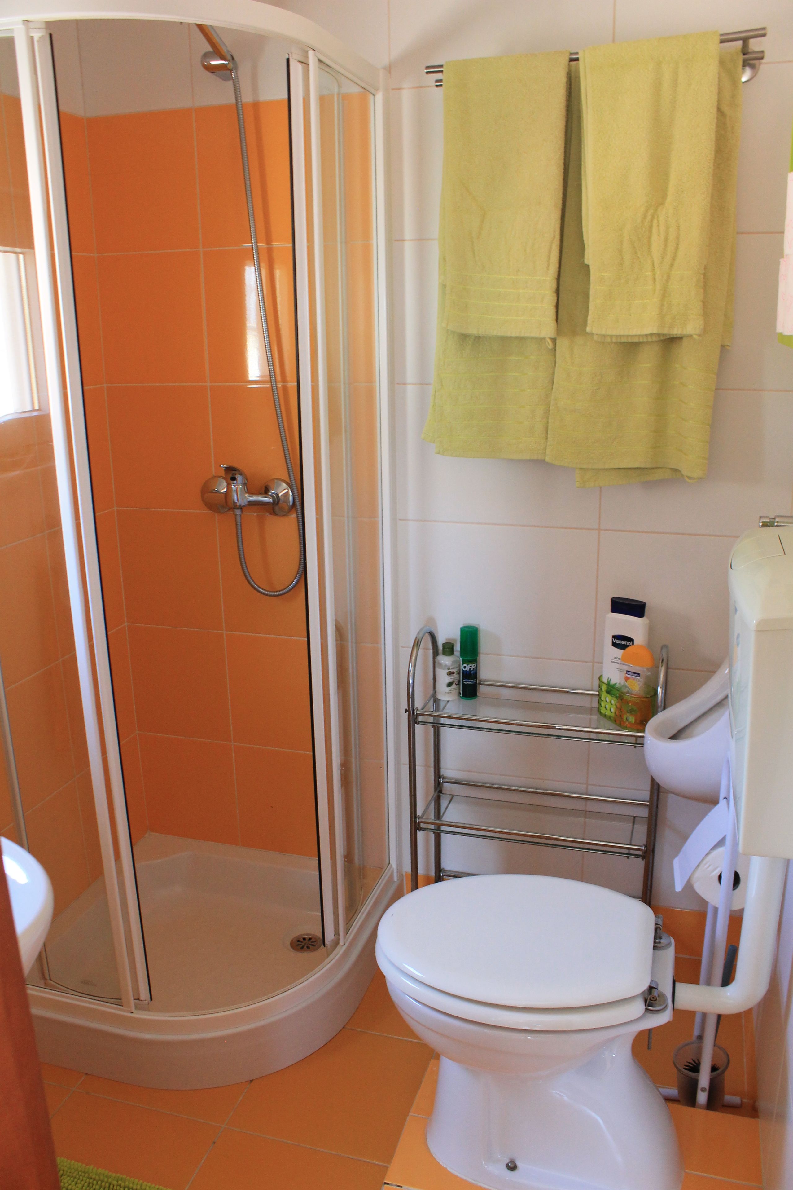 Casa de banho com cabine de duche, sanita e prateleira com artigos de higiene pessoal.