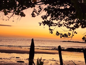 A beach scene with a sunset, calm sea, and a silhouette of a tree. - Casa Loma - 3 piscinas near the beach Jungle villa (Venado)