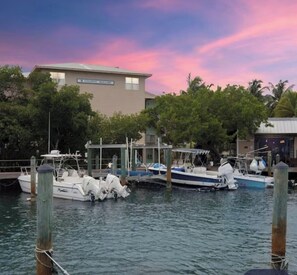A marina with boats docked, a building labeled 'Coconut Cove,' and a sunset sky. - Coconut Mallory~ Cozy Studio bungalow in tranquil Key West with AC (Key West)