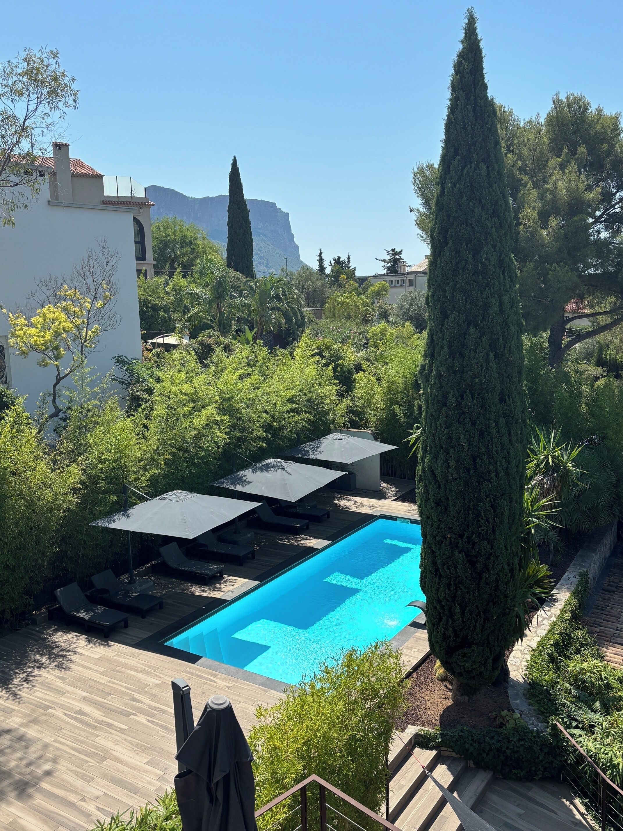 A swimming pool with lounge chairs and umbrellas, surrounded by greenery and a mountain in the background.