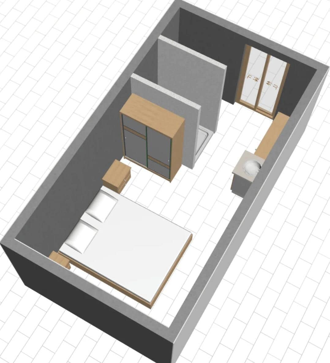 Un modelo 3D de una habitación de hotel con cama, escritorio, armario y baño.