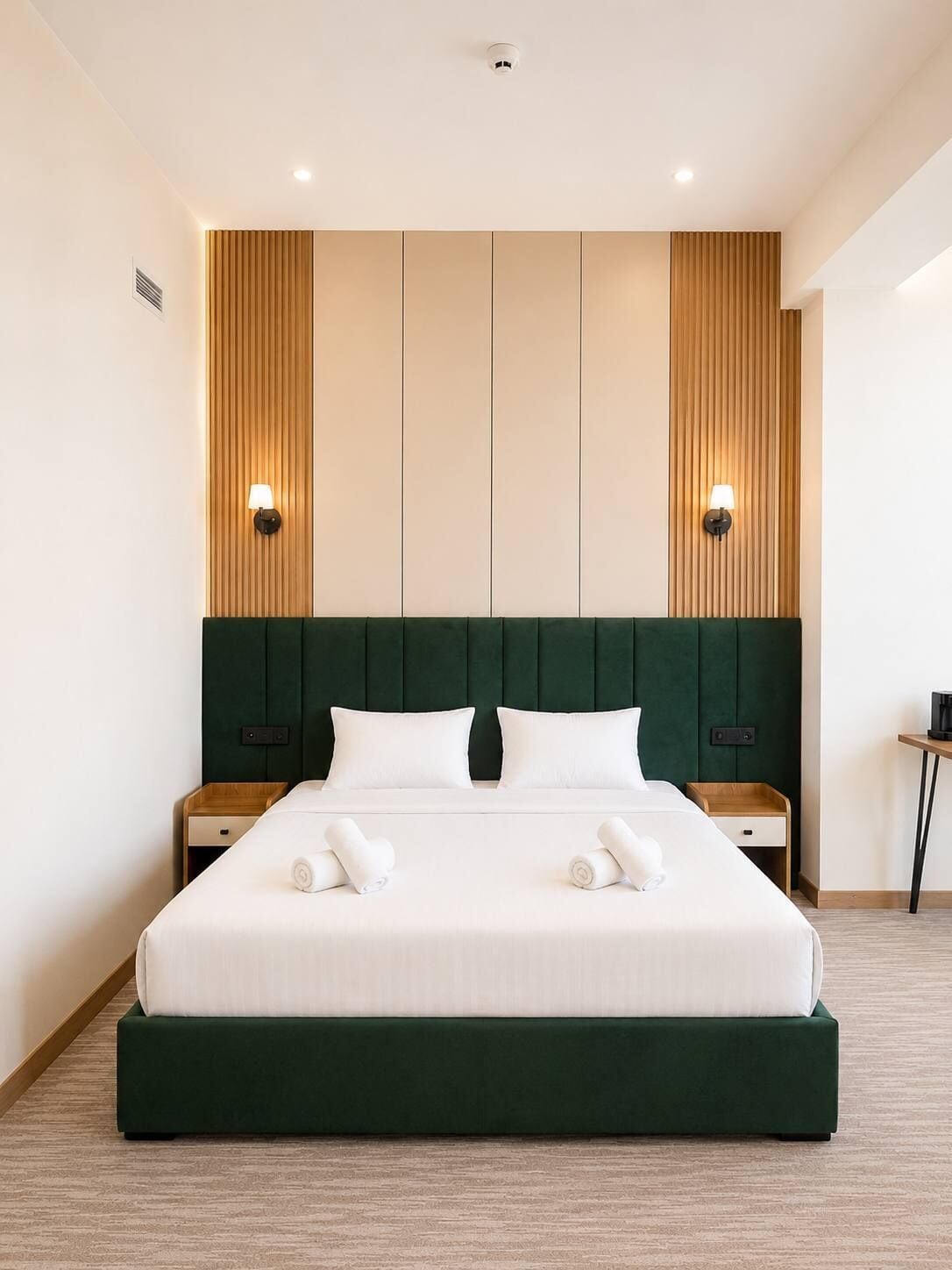 Une chambre d’hôtel avec un grand lit, deux tables de chevet et une tête de lit ornée de panneaux de bois verticaux.