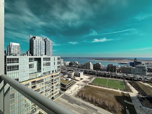 A high-rise building with a modern glass facade, a large open plaza with a green lawn, and a view of a river and distant city skyline. - City Central Residences Downtown Toronto (Toronto)