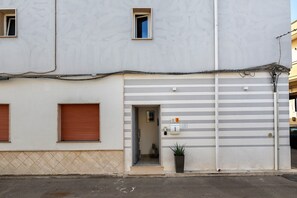 A building with a ground floor entrance, a visible door, and a small potted plant outside.