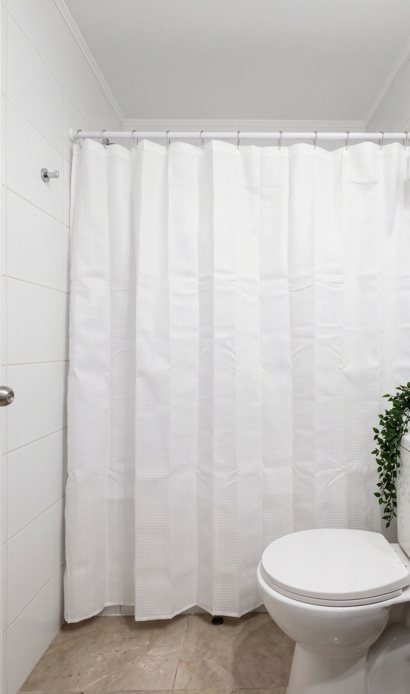 A bathroom with a white shower curtain, a toilet, and a plant.