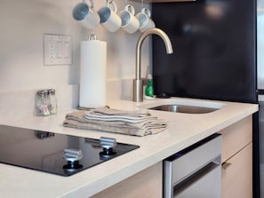 A modern kitchen with a stainless steel sink, a built-in stove, and a countertop with a paper towel holder and salt shakers.