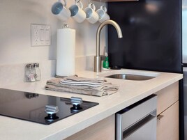 Una cocina moderna con un lavamanos de acero inoxidable, una estufa empotrada y una encimera con dispensador de toallas de papel y saleros.