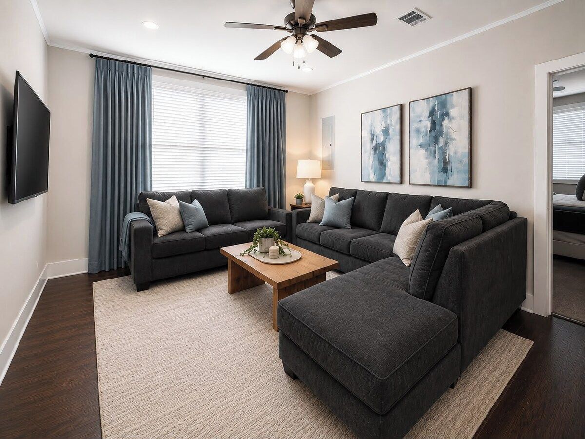A modern living room with a dark grey sofa set, a wooden coffee table, and a ceiling fan.