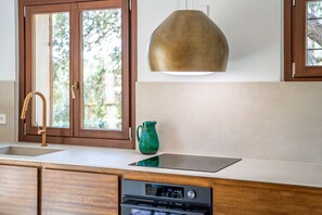 Uma cozinha com armário de madeira, pia de aço inoxidável, um vaso verde e uma luminária pendente.