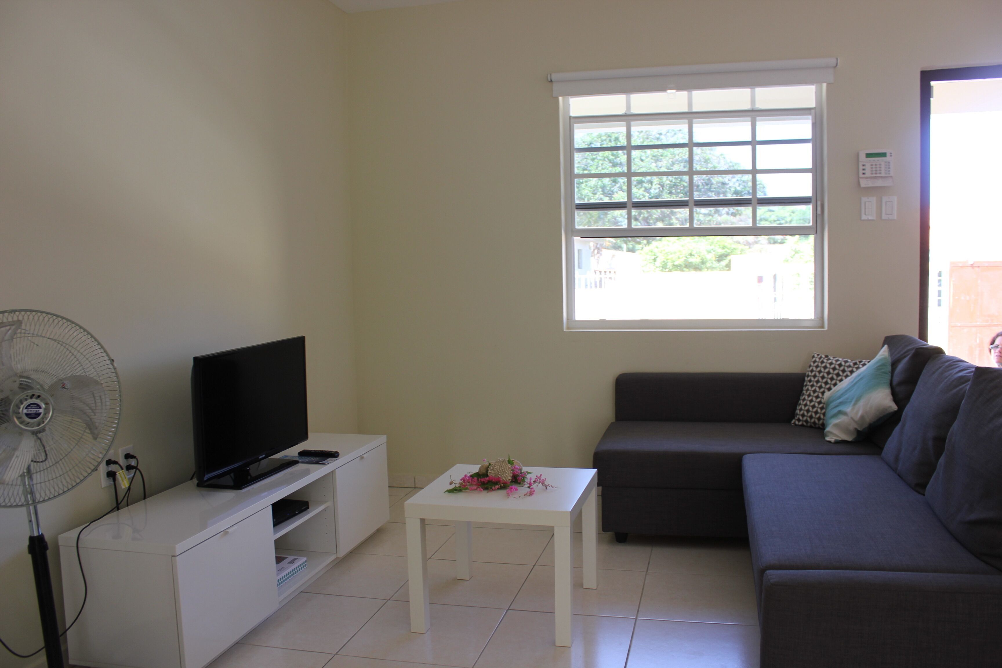A living room with a flat-screen TV on a white cabinet, a standing fan, a white coffee table with a flower arrangement, a gray sofa with patterned cushions, and a window with blinds.