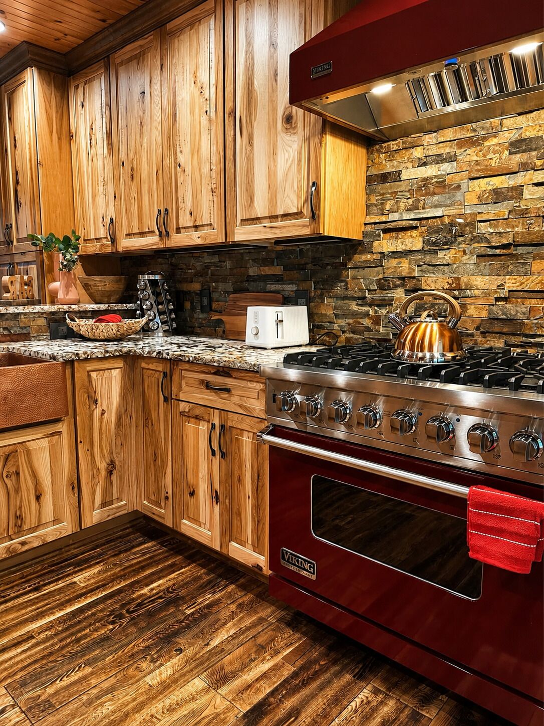A kitchen with wooden cabinets, a stone backsplash, a red Viking stove, and a toaster.