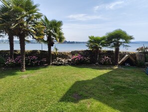 Um gramado com palmeiras e flores cor-de-rosa, um muro de pedra e vista para o mar.