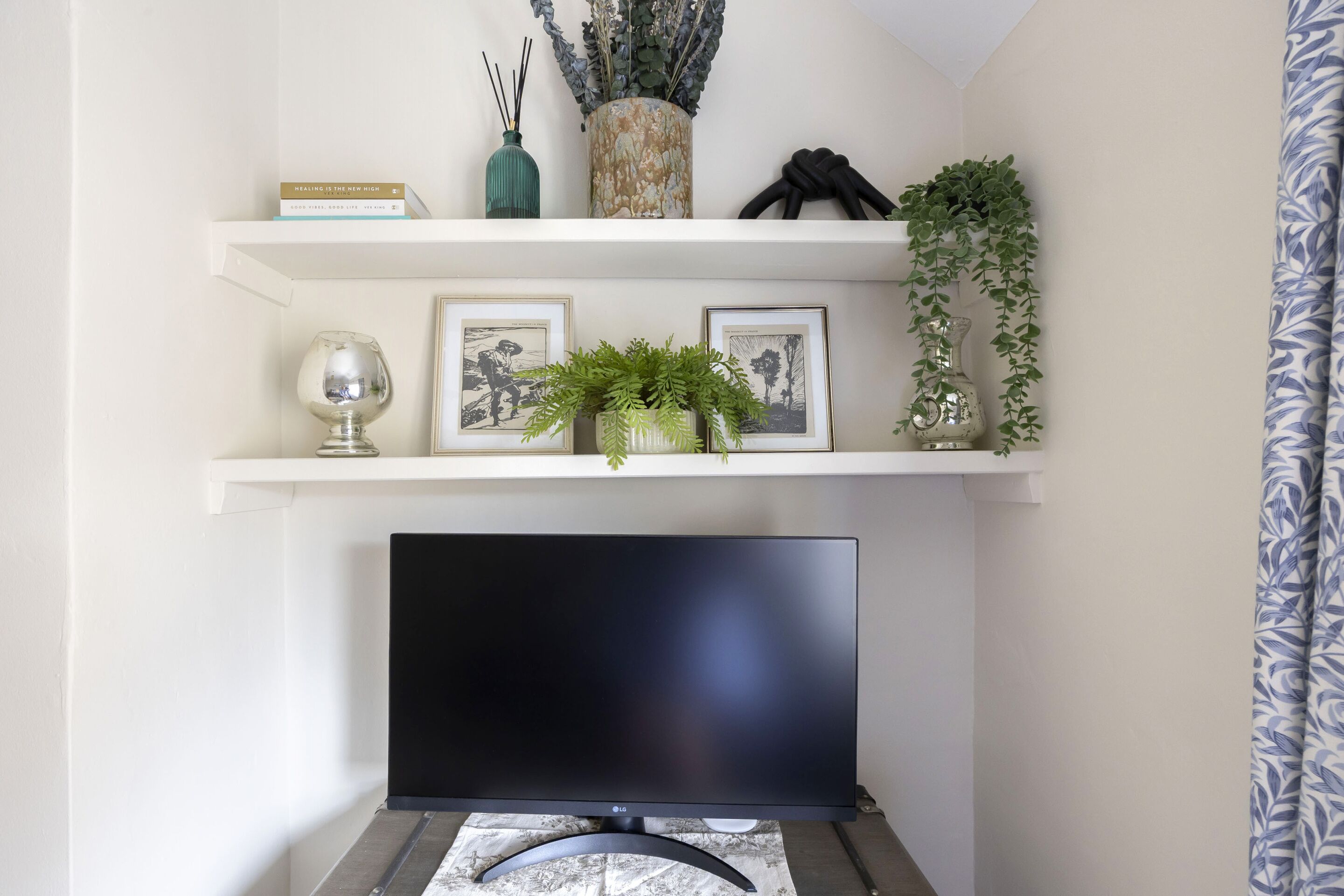 A living room with a flat-screen TV on a stand, a fireplace, and shelves with decorative items and plants.