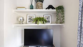 A living room with a flat-screen TV on a stand, a fireplace, and shelves with decorative items and plants.