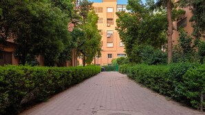 Un camino pavimentado bordeado por setos y árboles cuidadosamente recortados, que conduce a un edificio con varias ventanas y balcones.