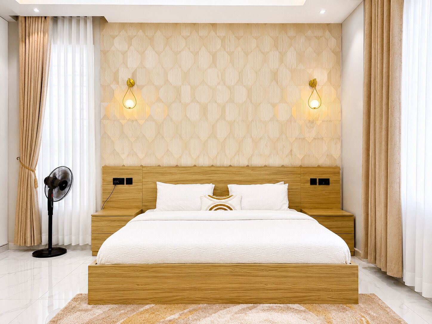 A modern bedroom with a wooden headboard, a large bed with white bedding, two wall-mounted lights, and a floor lamp.
