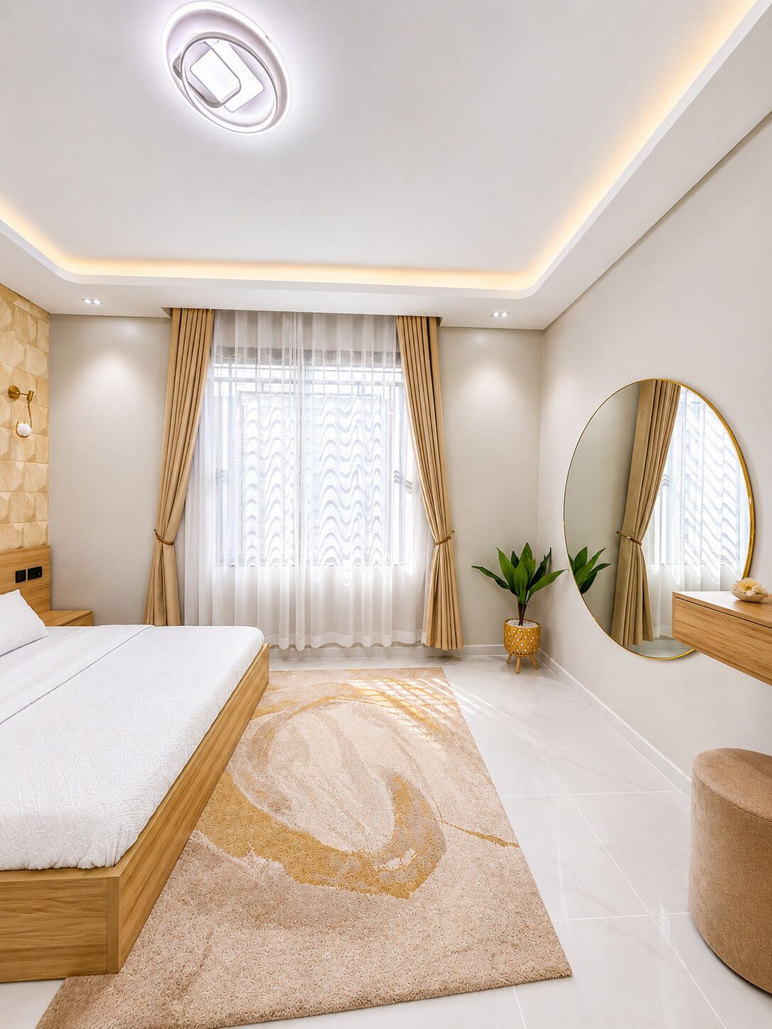 A modern bedroom with a large bed, a round mirror, a potted plant, and a wooden nightstand.
