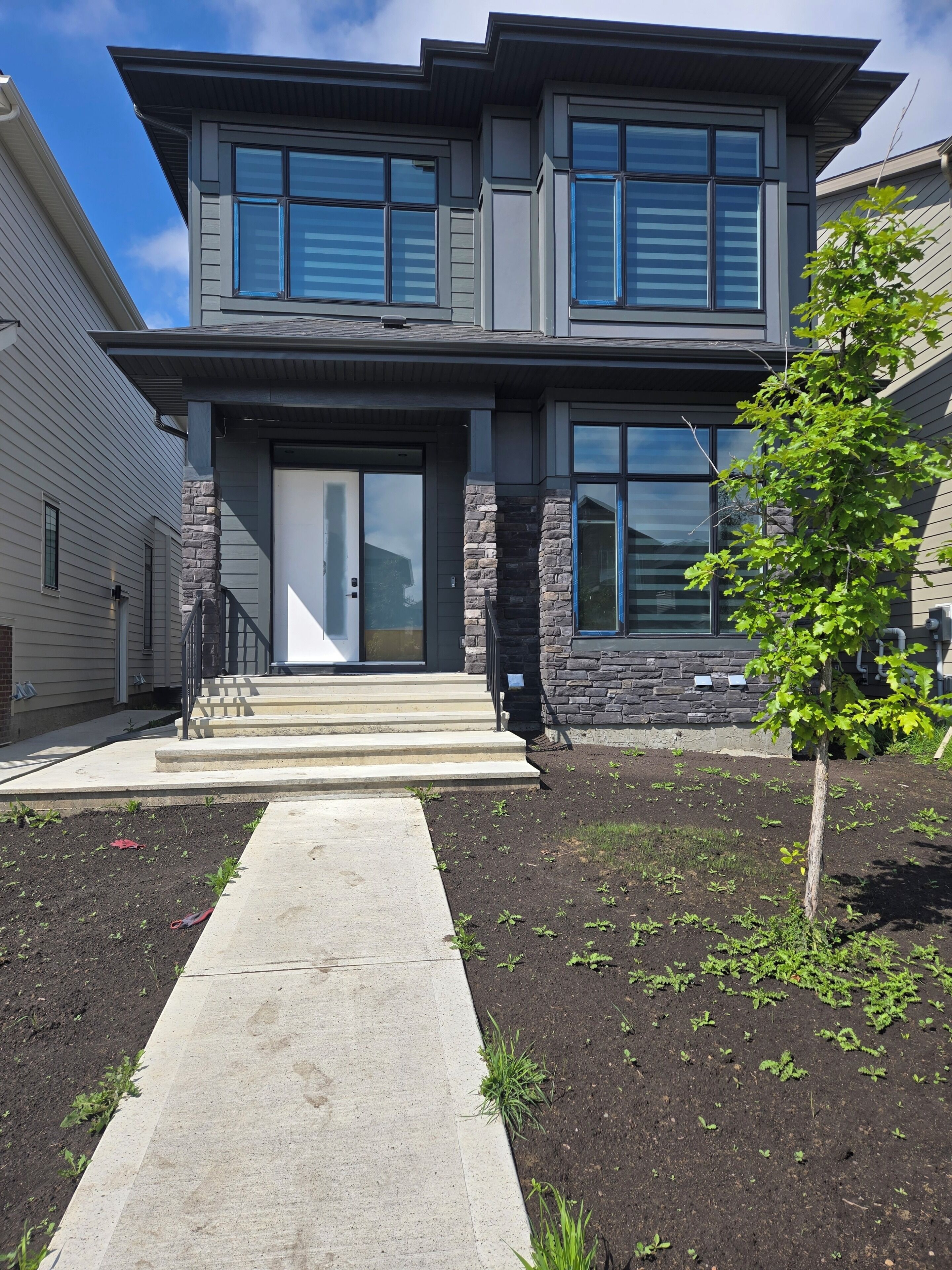 A two-story house with a front entrance, a stone accent wall, and a small tree in the front yard.