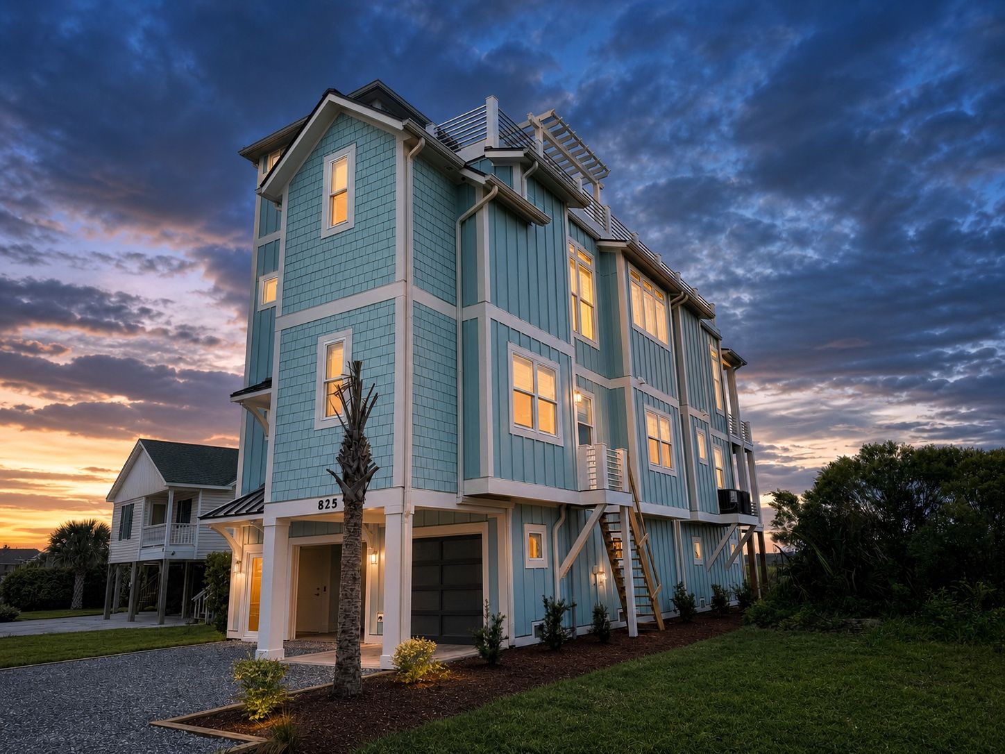 A multi-story house with a garage, a covered porch, and a staircase leading to the upper floors.