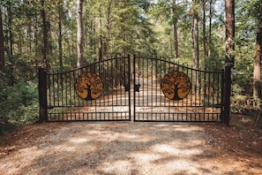 A gated forest area with a dirt path leading through it.
