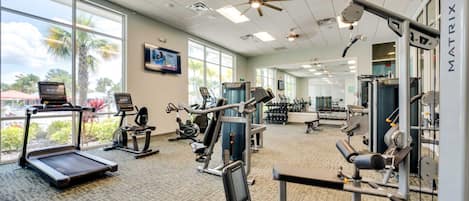 A gym with cardio machines, weightlifting equipment, and a large window offering a view of palm trees.