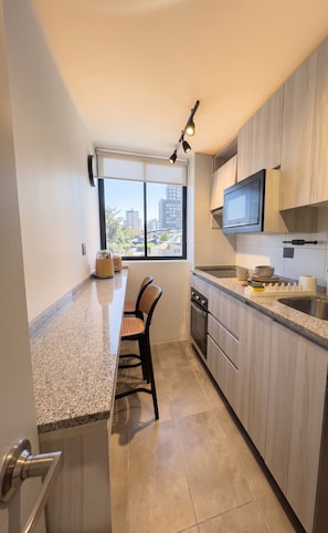 A modern kitchen with a granite countertop, wooden cabinets, a built-in microwave, and a window with a city view. - Edificio Status Santiago by Domus Travels (Santiago)