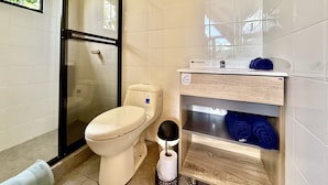 A bathroom with a toilet, a glass shower enclosure, a sink with a wooden vanity, and a towel rack.