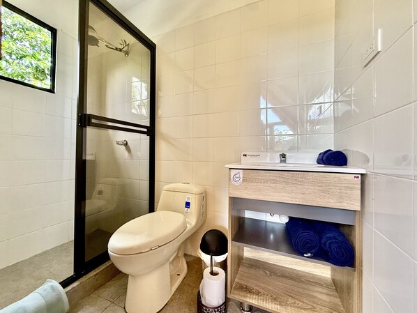 A bathroom with a toilet, a glass shower enclosure, a sink with a towel holder, and a toilet paper dispenser.