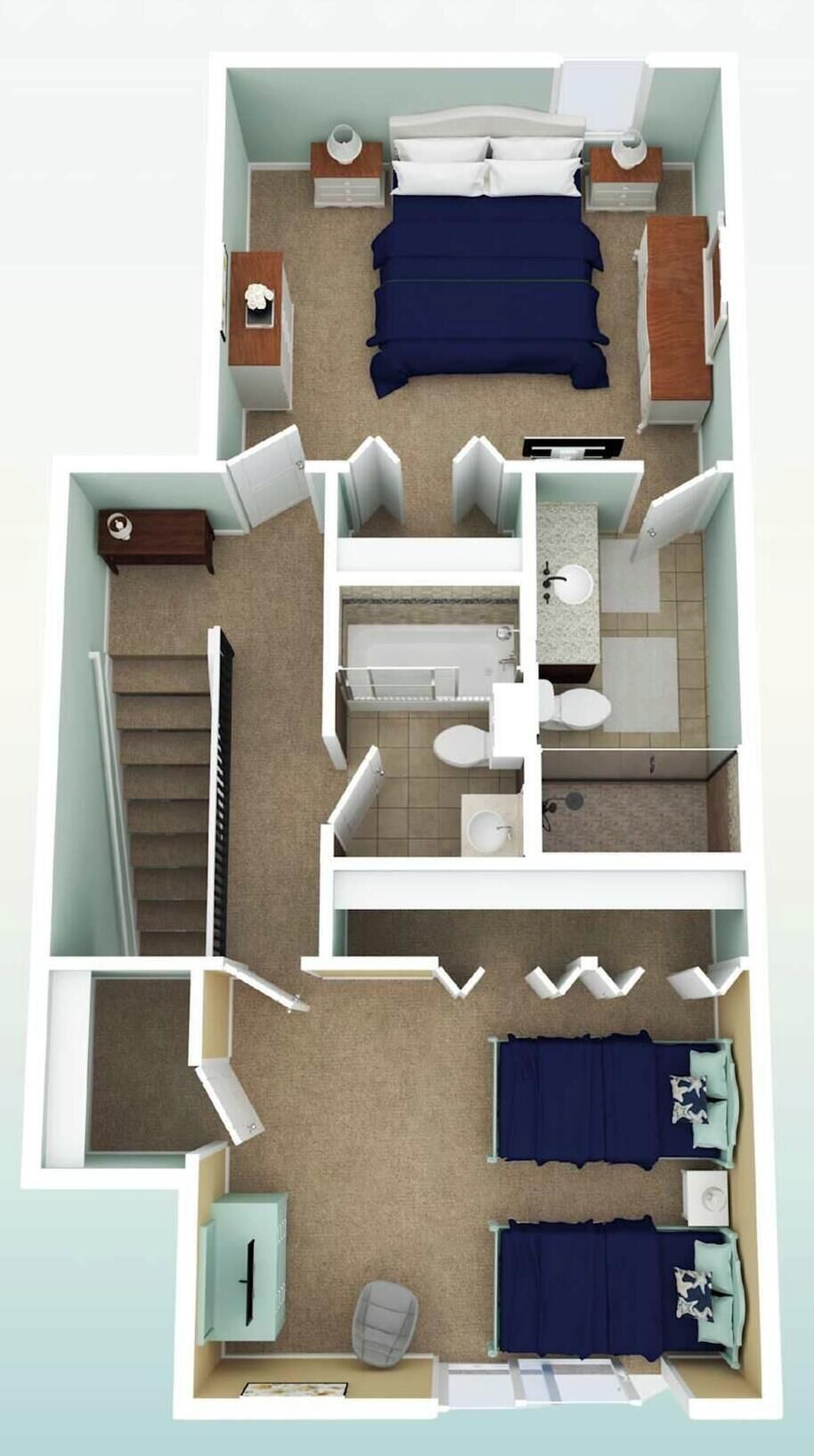 Un appartement comprenant deux chambres, une salle de bain, une kitchenette et un escalier.