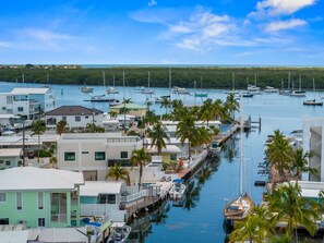 A marina with boats docked, surrounded by buildings and palm trees. - Cielo del Mar - Waterfront - Heated Pool - Dock (Marathon)
