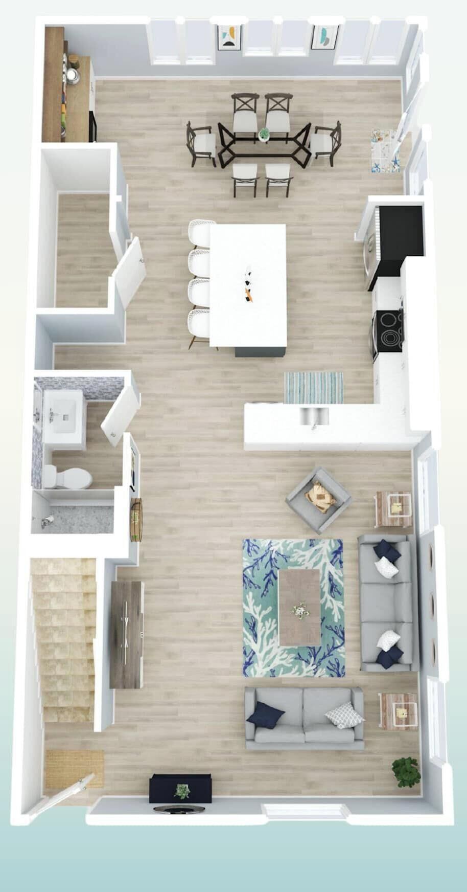 Plano de planta en 2D de un apartamento moderno con comedor, cocina, sala de estar y un baño pequeño.