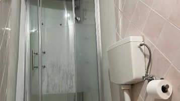 Une salle de bain avec une douche à parois de verre, des toilettes et un porte-rouleau de papier toilette fixé au mur.
