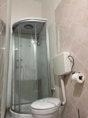 A bathroom with a glass-enclosed shower, a toilet, and a wall-mounted toilet paper holder. - Room Aurea Guest House (Rome)