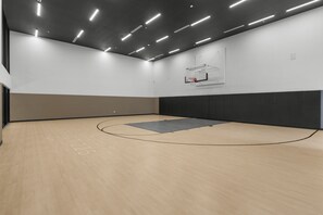 Un terrain de basket avec un panier, un plancher en bois et un tapis gris.