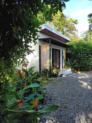 Ein modernes Haus mit Kiesauffahrt, umgeben von üppiger Vegetation und tropischen Pflanzen.