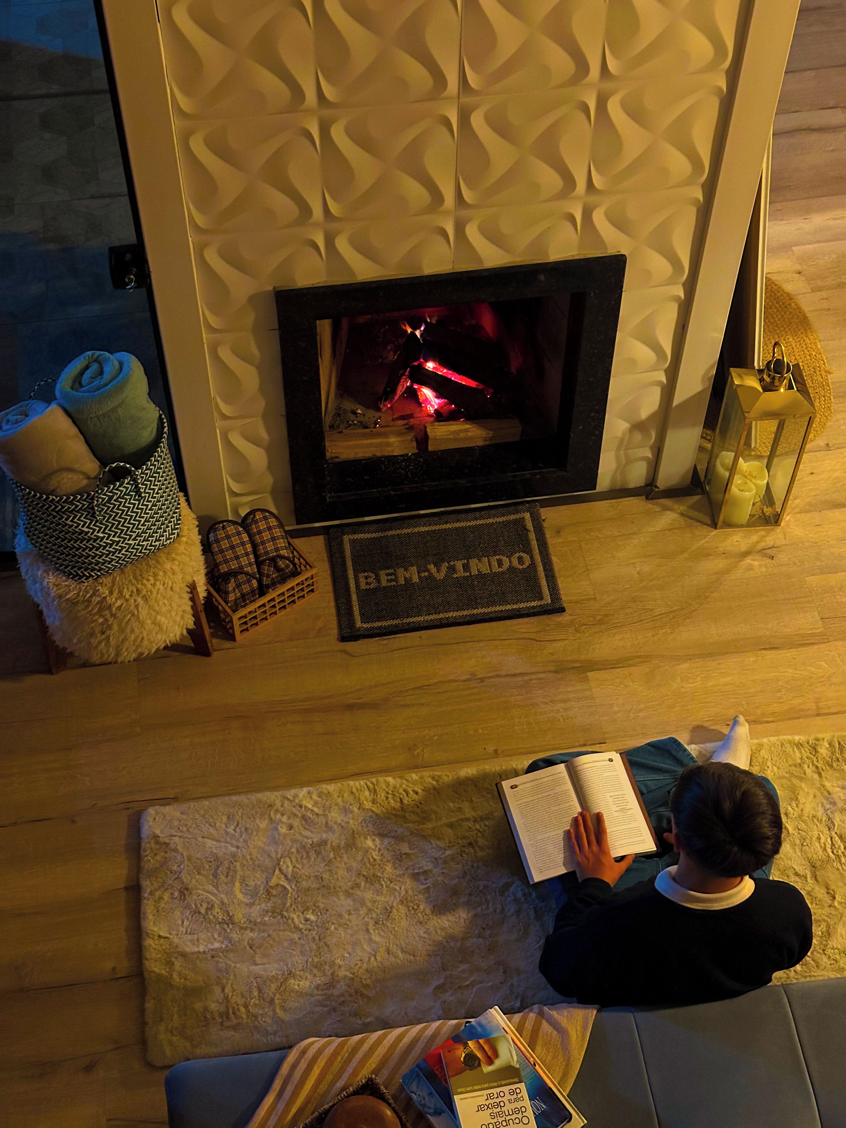 Una persona leyendo un libro en una habitación con chimenea, alfombra y un banco.