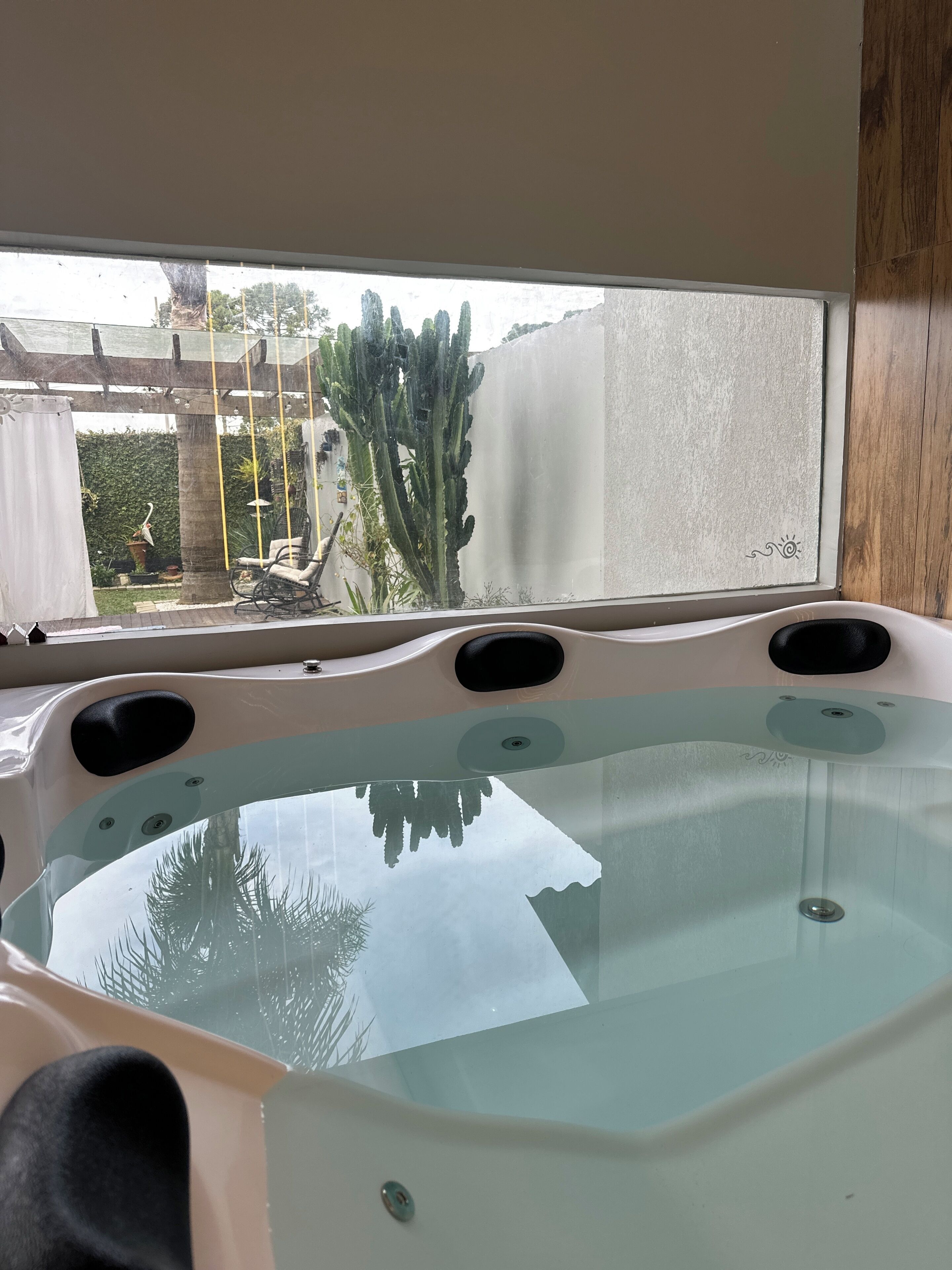A hot tub with a view of a garden and a cactus.