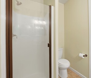 Een badkamer met een glazen douchedeur, een toilet en een rol toiletpapier aan de muur.