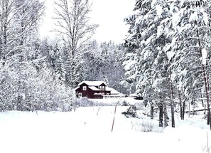 Red wooden house covered in snow and surrounding forest.