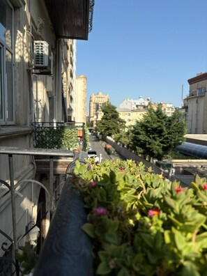 Varanda com vista para uma rua arborizada e com edifícios.