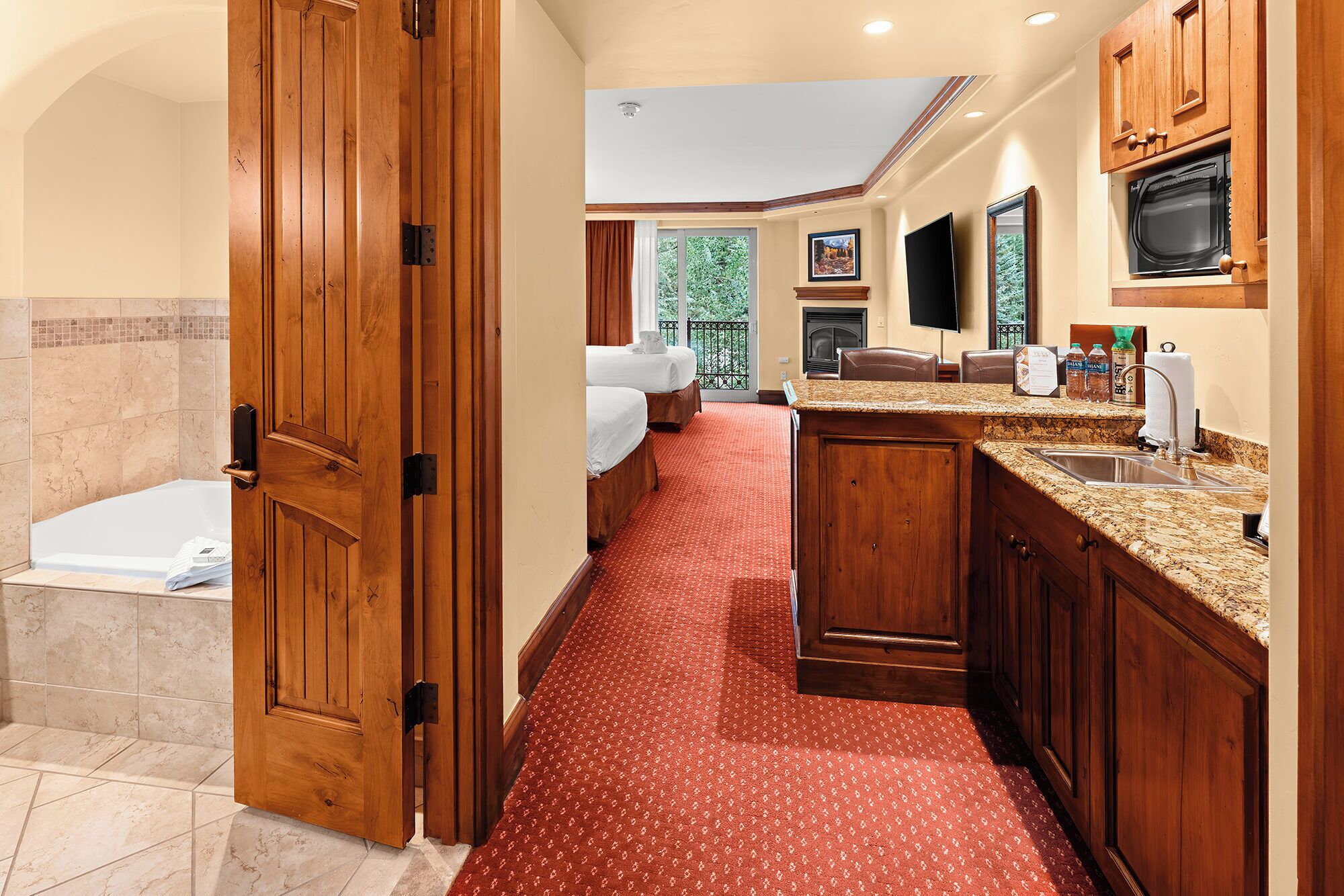 Refresh snacks and drinks on granite counters between adventures.