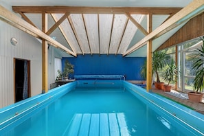 An indoor swimming pool with a wooden ceiling and blue walls.